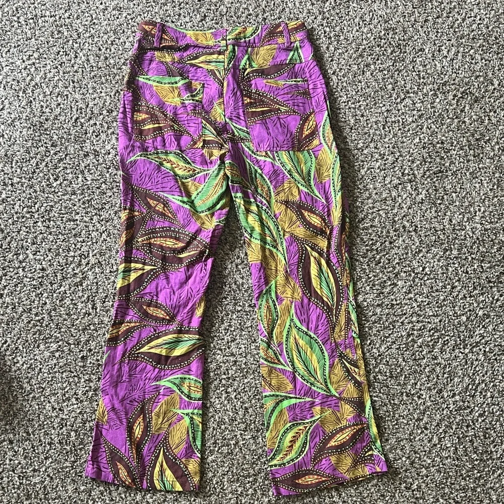 Zara Purple Leaf-Print Flared linen Pants S